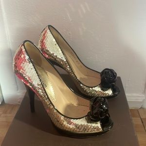 Stunning Armani black patent leather heels with sequins and rose! Size 39
